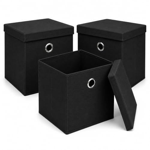 Image of Set of 3 Fabric Storage Cube Box with Lid, Foldable Fabric Storage Basket, Non-Woven Storage Organiser Bin with Handle for Clothes, Toys, Books, Shelves, Wardrobes & Home Storage (Black, 30x30x30cm)
