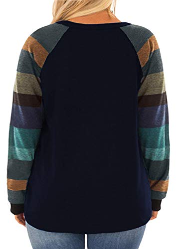 Rosriss RPS2010NB-20W Plus Size Tunic For Women Striped Colorblock Long Sleeve Tee Shirt Navy Blue 20W thumb #1