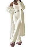 Viottiset Damen Fuzzy 3 Stück Sweatsuit Offene Front Strickjacke Crop Tank Tops Wide Legs Pants Lounge Sets Weiss L