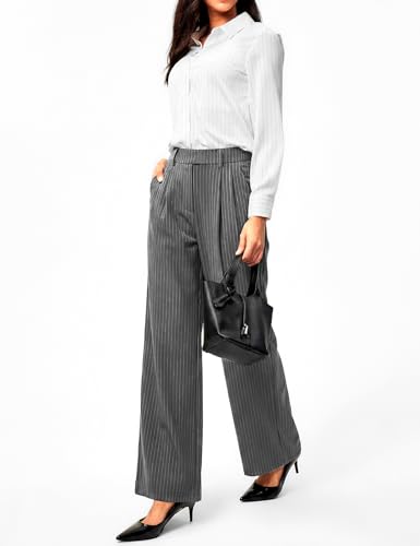 Mlenhor Women's High Waisted Pinstripe Wide Leg Pants, Flowy & Stretchy Dress Pants, Casual Work Trousers with Pockets (US, Alpha, Large, Regular, Regular, Dark Gray) — view 4