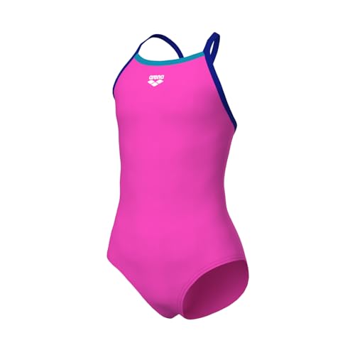 Image of ARENA Feel Girls' Junior Solid Light Drop Back Swimsuit Thin Straps Chlorine Resistant Quick Drying Comfortable One Piece Bathing Suit, Shocking Pink /Neon Blue /Eyeblush Blue, US Size 6Y /24