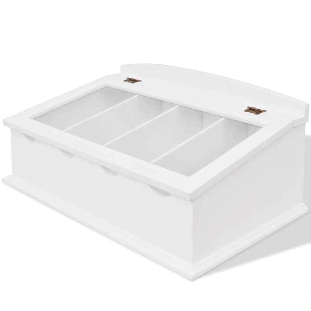 Cajón para cubiertos de madera de densidad media, color blanco, estilo barroco, con tapa de cristal, 47 x 27 x 21,5 cm, 4 compartimentos grandes, organizador para cubiertos, cuchillo