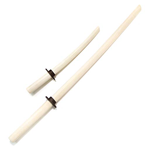 E-BOGU White Oak Wooden Training Sword Long and Short Set with Brown Tsuba Handguard