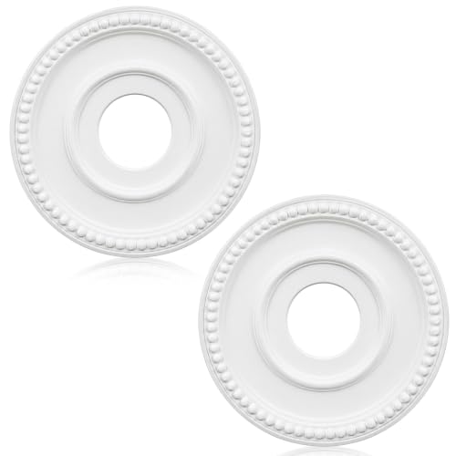 Image of 2pcs Ceiling Medallion for Light Fixtures Chandeliers,White,Beaded | Molded PU Ceiling Decor, Lightweight Decorative Trim, for Ceiling Fan, Chandelier and Indoor Lighting Fixture Home Renovation