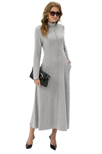 GRECERELLE Women's 2025 Fall Winter Casual Mock Neck Long Sleeve Flared Maxi Sweater Dress with Pockets (XS - 3XL)