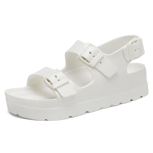 Image of SOSOWHLTE White Platform Sandals Women with Arch Support Adjustable Buckle Women Comfy Sandals All White Beach Slippers Size 8 Female