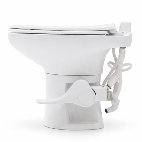 Image of SEAFLO Porcelain RV Toilet with Sprayer Attachment - Elongated Bowl 19 inch Inch Residential Height, Gravity Flush, Foot Pedal Soft Close Seat Camper Motorhome Easy Install 4 -year Warranty SFRTCH-02-02