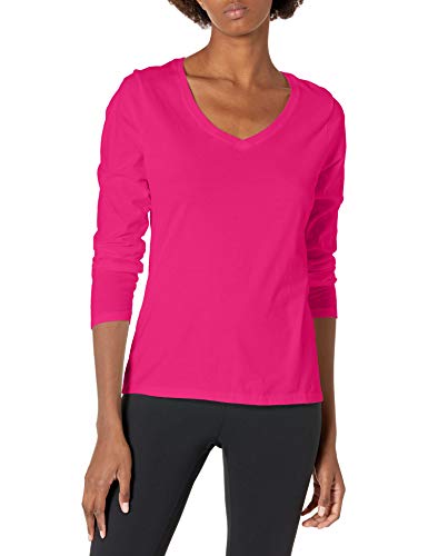 Hanes Women's V-Neck Long Sleeve Tee, Sizzling Pink, X-Large