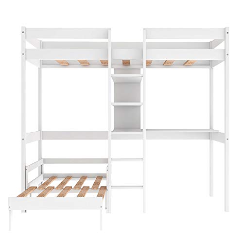 Namou Convertible Loft Bed With L-Shape Desk, Twin Bunk Bed With Shelves And Ladder For Boys And Girls, White #TOP5