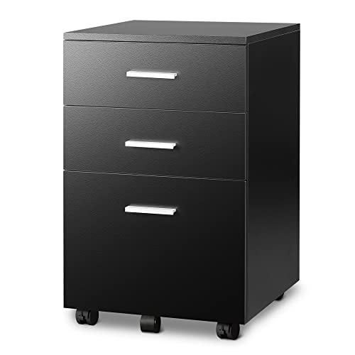 Image of DEVAISE 3 Drawer Mobile File Cabinet, Wood Filing Cabinet fits A4 or Letter Size for Home Office, Black