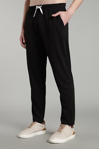 Image of SWADESI STUFF Men's Cotton Blend Track Pants, Black, Comfort Fit with Drawstring, Side Pockets for Regular Wear, Sports, Joggers