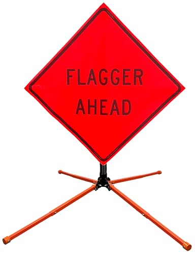 Image of OrangeGear 36 inchx36 inch Flagger Ahead Mesh Sign & Steel Spring Stand | MUTCD TTC compliant orange mesh roll-up sign kit with fiberglass cross ribs and single-spring steel stand.