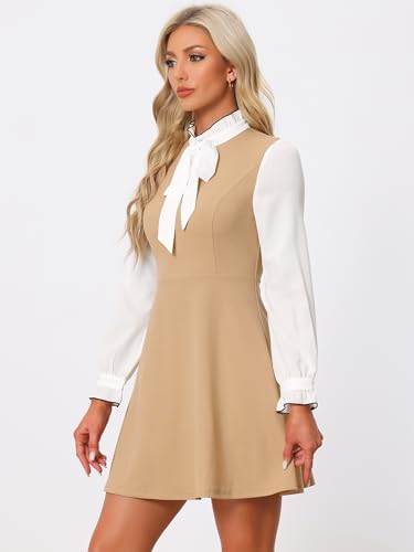 Image of Allegra K Tie Neck Dresses for Women's 1960s Vintage Long Sleeve Contrast Color Dress