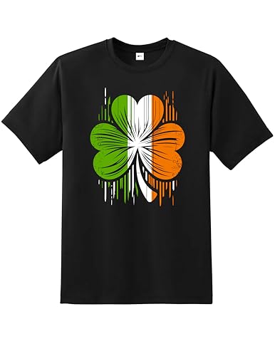 Snapit Ireland Flag Mens T-Shirt Quality Printed Irish Tricolor Shamrock T-Shirt Short Sleeve 100% Cotton Tee Best Gift for Men/Women/Kids Black