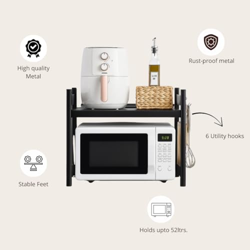 Image of 3-Tier Microwave Oven Stand, Kitchen Organizer Rack, Sturdy DIY Countertop Organizer for Microwave, OTG, Mixer, Utensils & Appliances | Engineered Wood & Metal Rack (55 Kg Capacity)