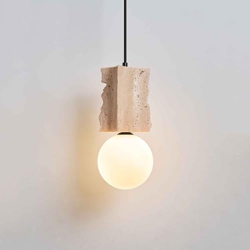 Suspension en marbre travertin jaune et verre opalin chic pour îlot