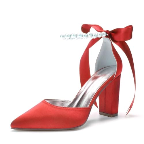 Image of Pearl Wedding Shoes for Bride Chunky Heel Poined Toe Wedding Block Heels Prom Evening Pumps