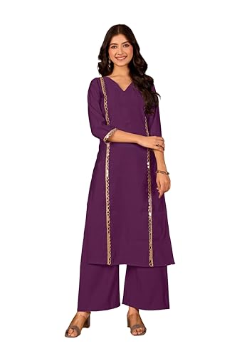 Image of Women Straight-Cut Kurta Pant Set with Subtle Golden Lace Embellishment | Elegant Ethnic Wear for Festive, Office & Casual Use