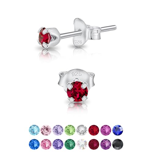 DTPsilver 925 Sterling Silver Round TINY Stud Earrings made with Glittering Crystals from Swarovski Elements - Diameter: 3 mm - Colour : Dark Red -  Seashells, ss11s3ruby