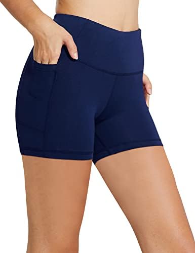 BALEAF Women's Biker Shorts High Waist Compression Volleyball Spandex Yoga Workout Running Tummy Control Pockets 5" Navy Blue L