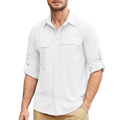 Mens Safari Shirt Long Sleeve UPF 50+ Sun Protection Quick Dry Fishing Hiking Shirt Lightweight Outdoor Travel 5060 White-M