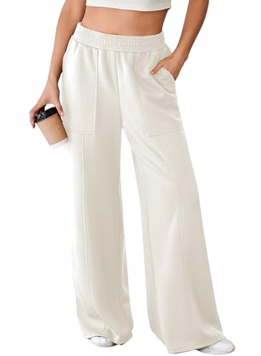 Aleumdr Women's Wide Leg Sweatpants Elastic High Waisted Long Pants Casual Loose Yoga Pants with Pockets 2025 White Small