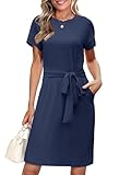 MEROKEETY Women's Summer Striped Short Sleeve T Shirt Dress Casual Tie Waist Midi Dress, SolidNavy, XL