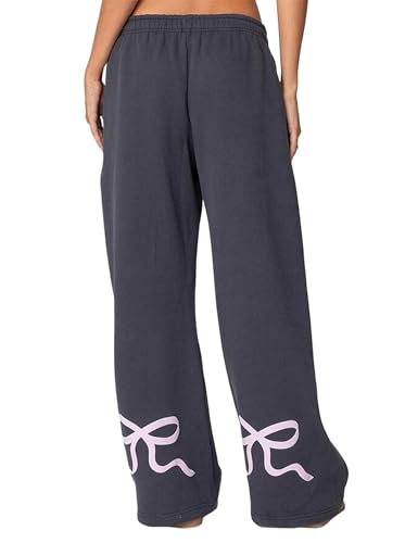 OLAPTA Women Bow Print Graphic Wide Leg Sweatpants Mid Rise Baggy Straight Leg Casual Lounge Long Sweat Pants with Pockets