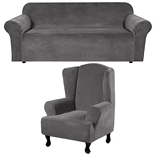 H.VERSAILTEX Velvet Sofa Slipcover for 3 Cushion Sofa(72"-96", Grey) Bundle 1 Piece Velvet Plush Grey Wingback Chair Cover Slipcover