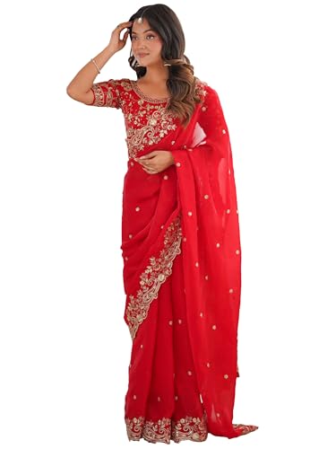 Image of AKHILAM Women's Shimmer Satin Sequence Embroidery Saree With Unstitched Blouse Piece(AARYAN21401 KR Parent)