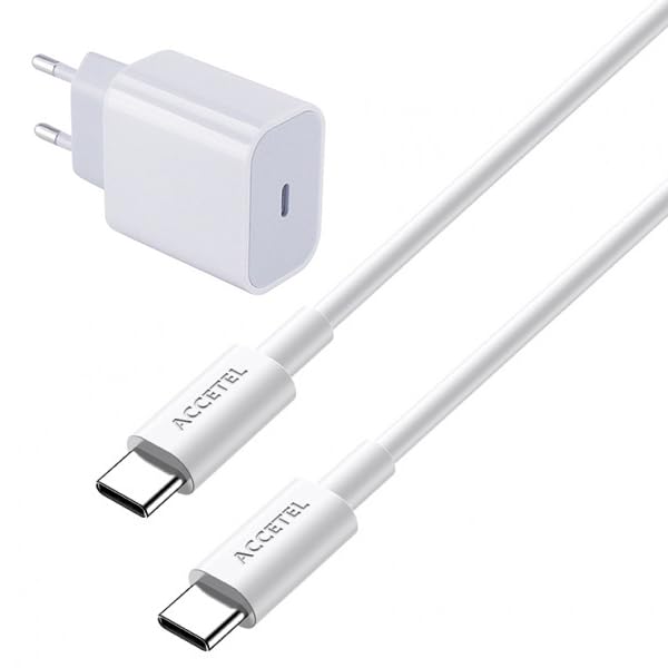 Kit Básico De Cargador Tipo C Fastcharge 20W + Cable De Carga Tipo C - Tipo C 100W Accetel Compatible con Móvil Apple iPhone 16e - Blanco