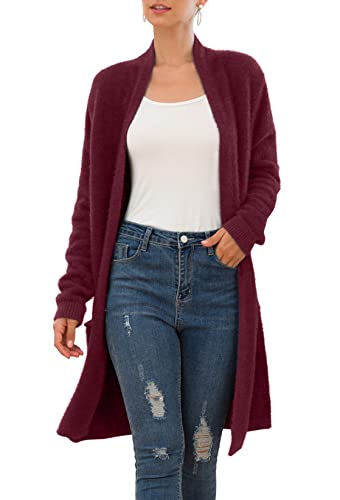 QIXING Women's Casual Open Front Knit Cardigans Long Sleeve Plush Sweater Coat with Pockets3