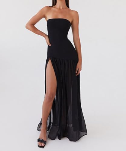 Image of Willow Dance Women Tube Top Dress Printed Mesh Patchwork Maxi Dress Strapless Sexy High Slit Long Dresses Party Clubwear