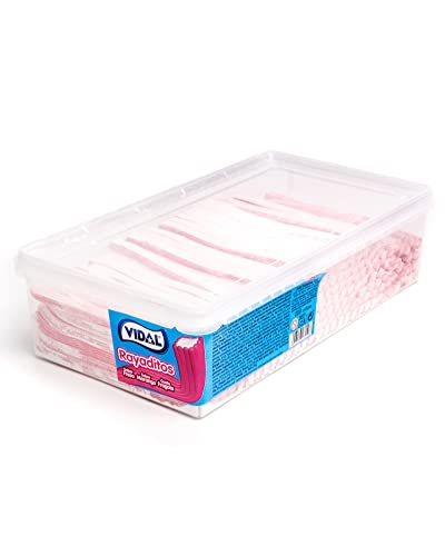 Vidal Golosinas. Rayaditos Fresa. Regaliz Relleno con intenso sabor a fresa. Color Rosa y blanco. Bandeja 200 unidades