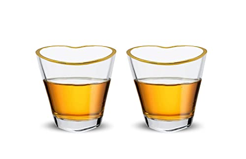 RUGLUSH Heart Shaped Shot Glasses with Gold Rim 2 Pack, Korean Soju Shot Glasses, Clear Heart Shot Glass Set for Soju Whiskey Vodka Espresso Liquor, Drinking Gift for Men and Women, 2oz