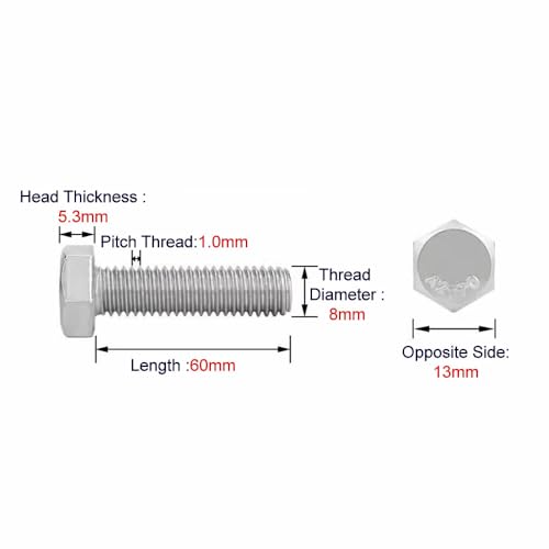 Image of Junter 10pcs M8-1.0 x 60mm Fine Thread Metric Hex Bolts 304 Stainless Steel Hexagon Fully Threaded Screws DIN933