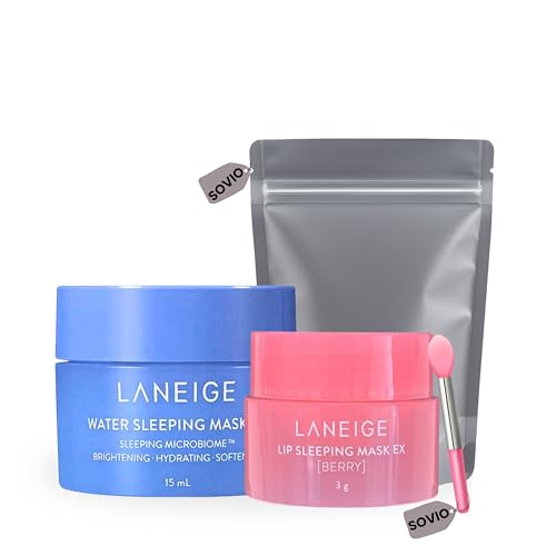 Laneige Lip Balm & Water Sleeping Mask Set (15ml + 3g) Korean Care Lip Mask & Mini Skincare Gift Duo with Applicator & Travel Pouch by Sovio