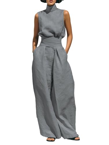 Womens Spring Summer Cotton Linen Jumpsuits Sleeveless Minimalist Straight Leg