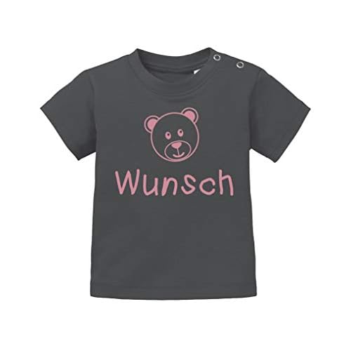 Comedy Shirts - Teddy Wunschname - Baby T-Shirt - Dunkelgrau/Rosa Gr. 80/86