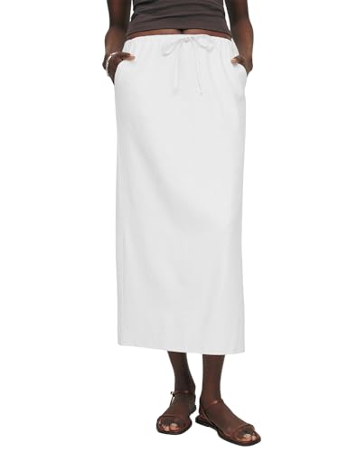 IDEALSANXUN Womens Linen Skirts Trendy Elastic Waist Drawstring Long Skirts with Slit