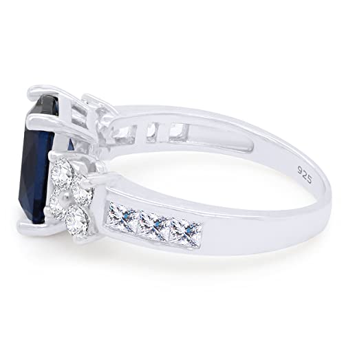 SAVEARTH DIAMONDS 8x6MM Emerald Cut Simulated Blue Sapphire With Princess & Round Cut Sparkling White Cubic Zirconia Cluster Engagement Ring For Women In 14k Gold Over Sterling Silver4