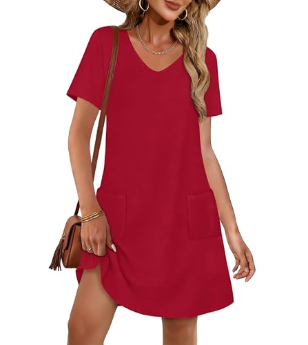 Image of CHICGAL Summer Dresses for Women V Neck Short Sleeve Casual Loose T Shirt Sundress Beach Cover Ups with Pockets 2026