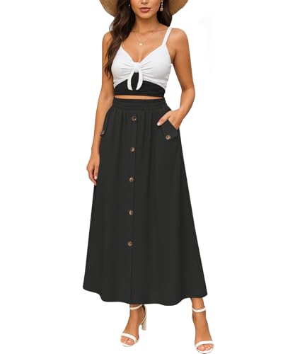YSYOKOW Women Elastic High Waisted A-Line Midi Skirt Button Front Flowy Long Skirts Casual with Pockets(Black, X-Large)