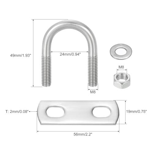 Image of uxcell Round U-Bolts, 8 Sets 24mm(0.94 inch) Inner Width 49mm Length M8 304 Stainless Steel U Clamp Bolt with Nuts and Plates, for Boat Trailer