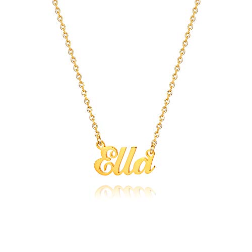M MOOHAM Engraved Ella Name Necklace - 18K Gold Filled Custom Name Necklace Personalized Name Necklaces for Women Girls Kids, Monogram Plate Name Necklace Name Jewelry