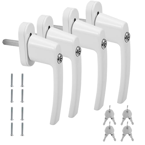 Eulenke - Poignée de Sécurité Verrouillable pour Fenêtre - Pack de 4 Blancs avec 8 Clés et Vis - Serrure pour Fenêtres en Aluminium avec Tige de 35 mm