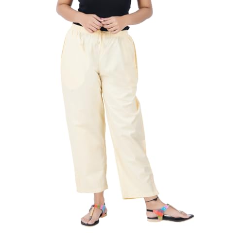 Image of Happy Bunny Parallel Pants for Women 100% Cotton Ankle Length Trousers Regular Fit with Elastic Drawstring Stylish & Pockets Casual Formal Wear for Office & Home
