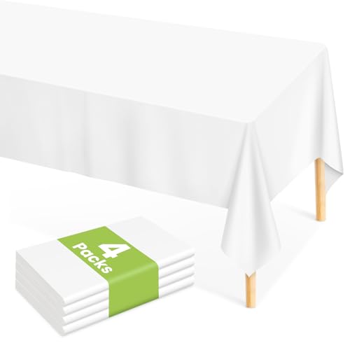 Image of Mulbozy White Plastic Table Cloth Disposable 4 Pack, 54 x 108 Inch Tablecloths Rectangle, White Plastic Table Cover for Party Decor