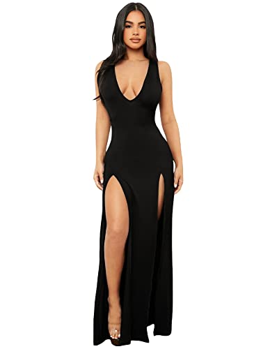 WDIRARA Women's Plunging Deep V Bandage High Split Sexy Dress Solid Bodycon Maxi Dress