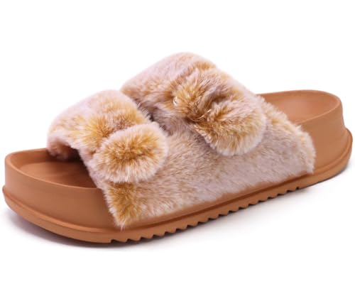 KuaiLu Hausschuhe Damen Orthopädische, Plüsch Warme Slides Sandalen für Frauen mit Weiche Fussbett Kuschelige Arch Support Flauschige Pantoffeln Offener Zeh Sommer Winter Gr. 38.5 Khaki